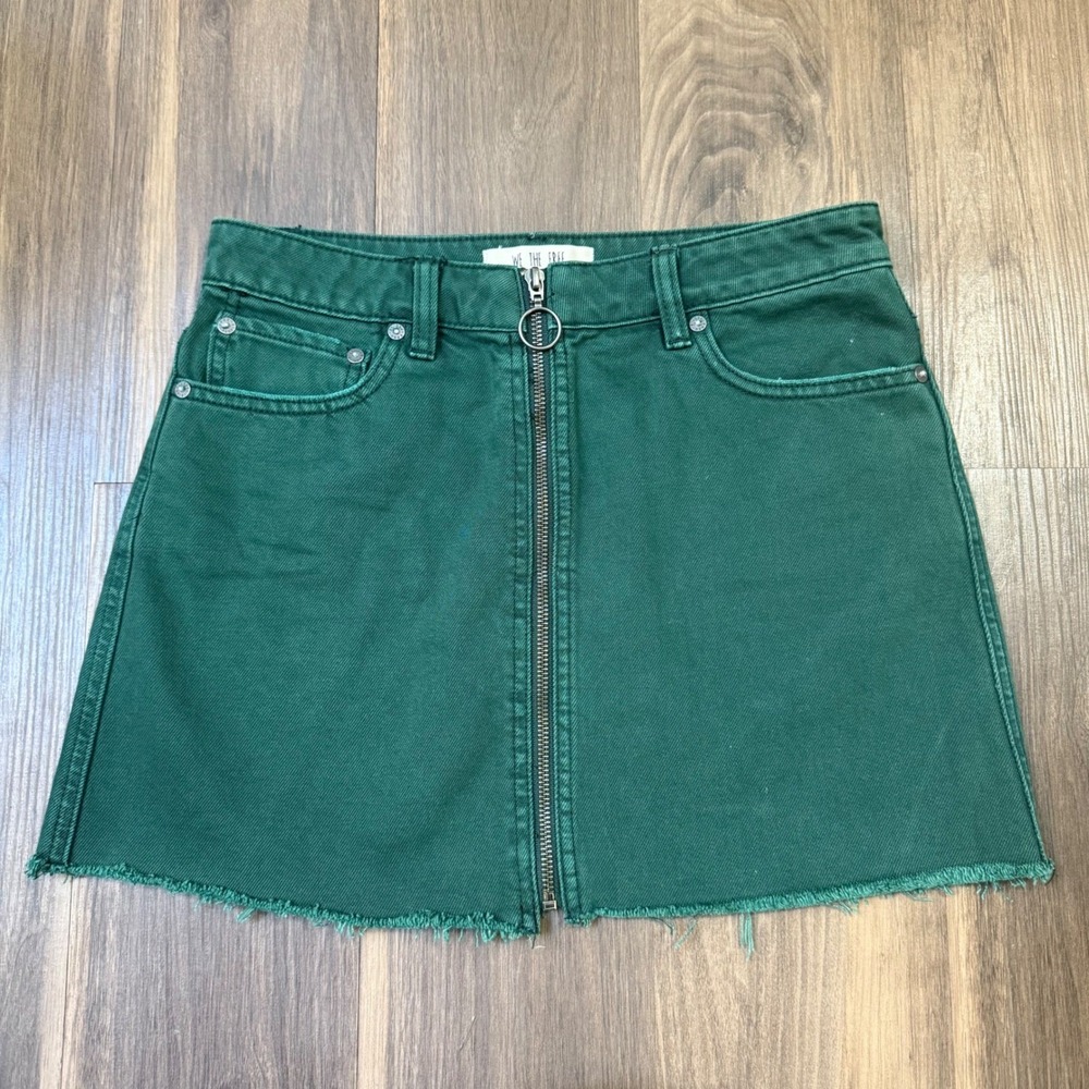 We The Free Denim Mini Skirt Women 26 Green Zip Front Raw Hem Boho Grunge